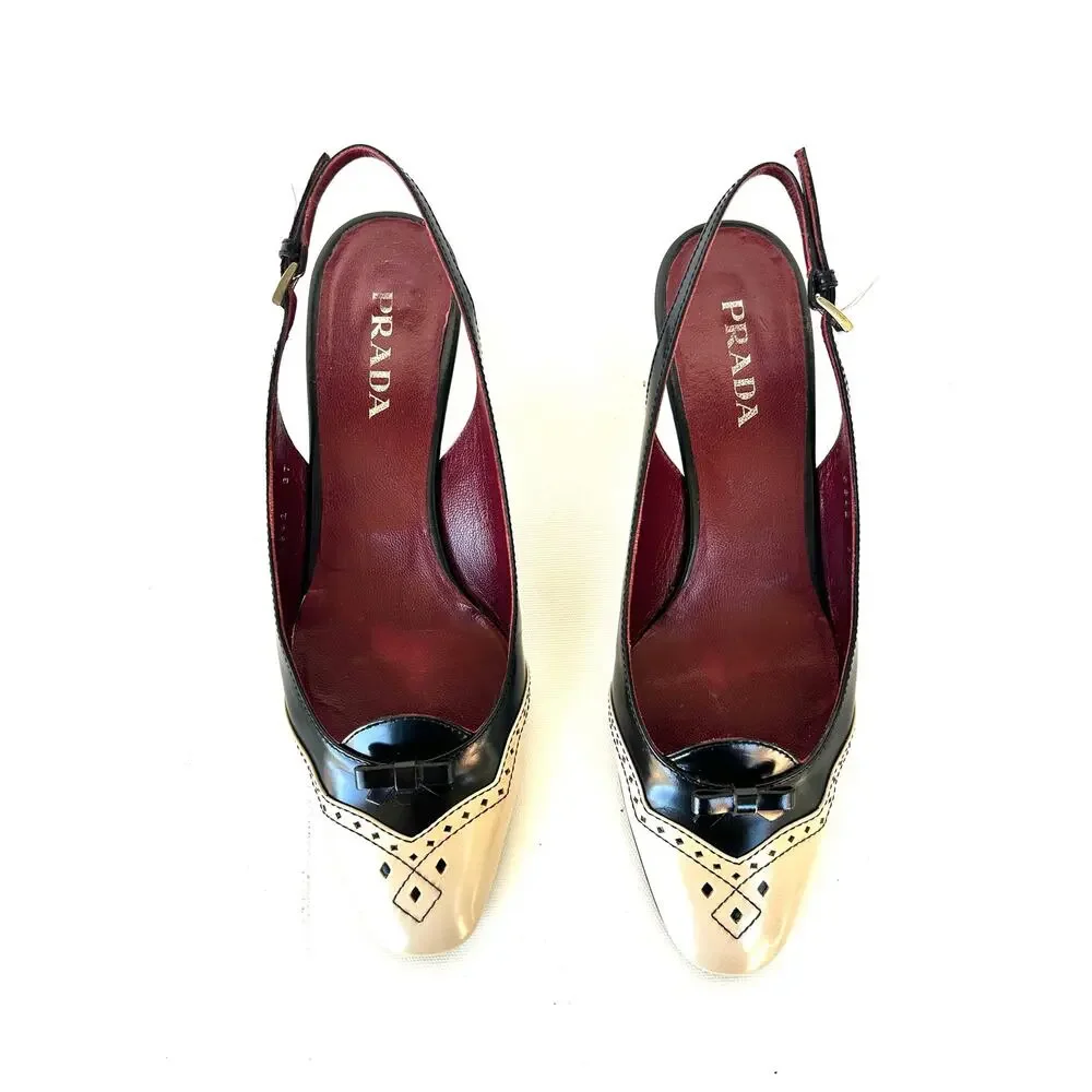 Vintage Prada Kitten Heels Slingbacks Low Sandals Tan Black 37 7 Bow Preppy